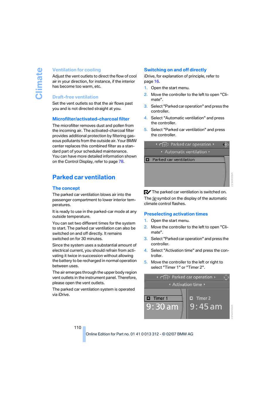 Parked car ventilation, Climate | BMW 650i Convertible 2007 User Manual | Page 112 / 254