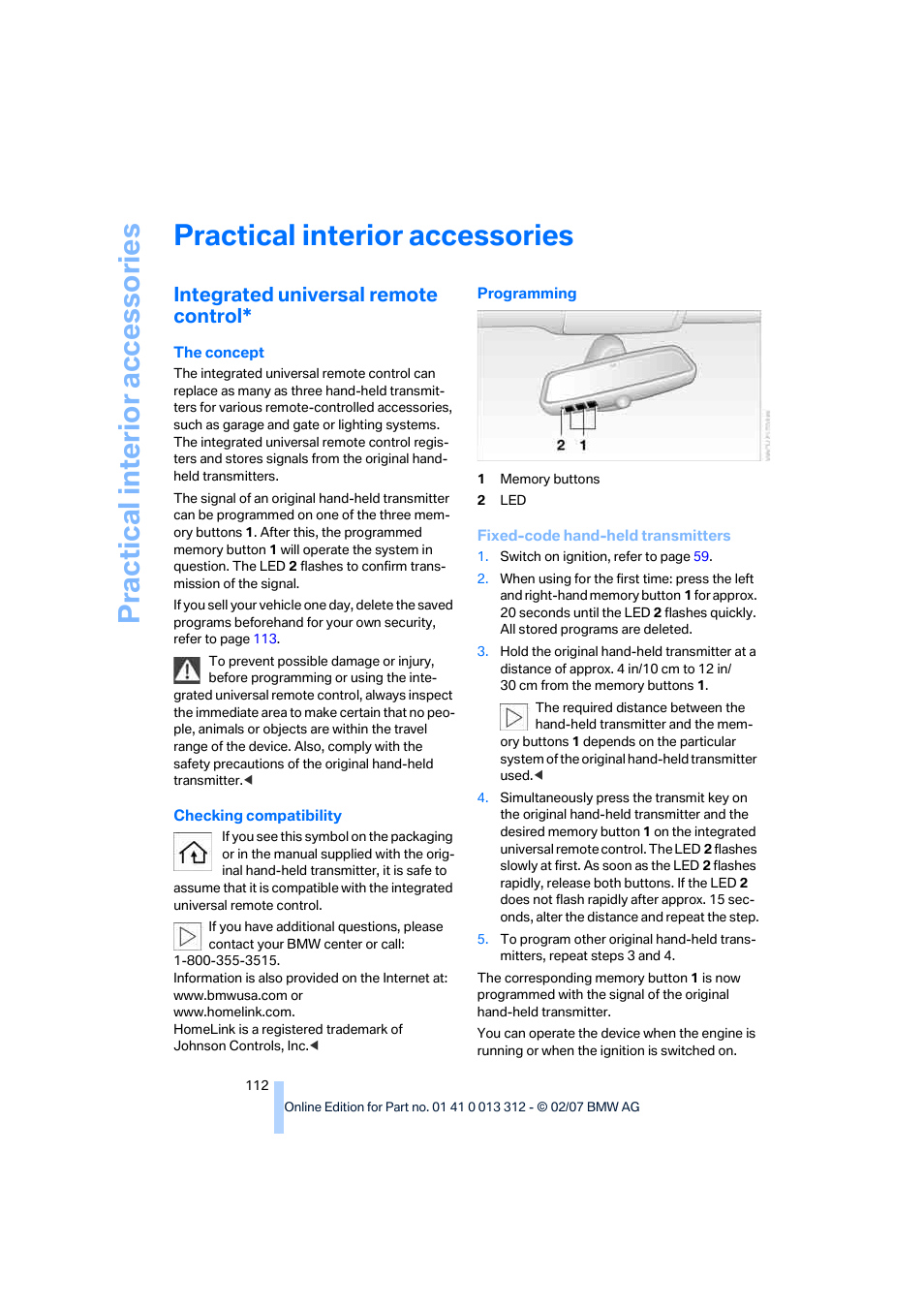 Practical interior accessories, Integrated universal remote control, Practical interi or acc ess orie s | BMW 650i Convertible 2007 User Manual | Page 114 / 254