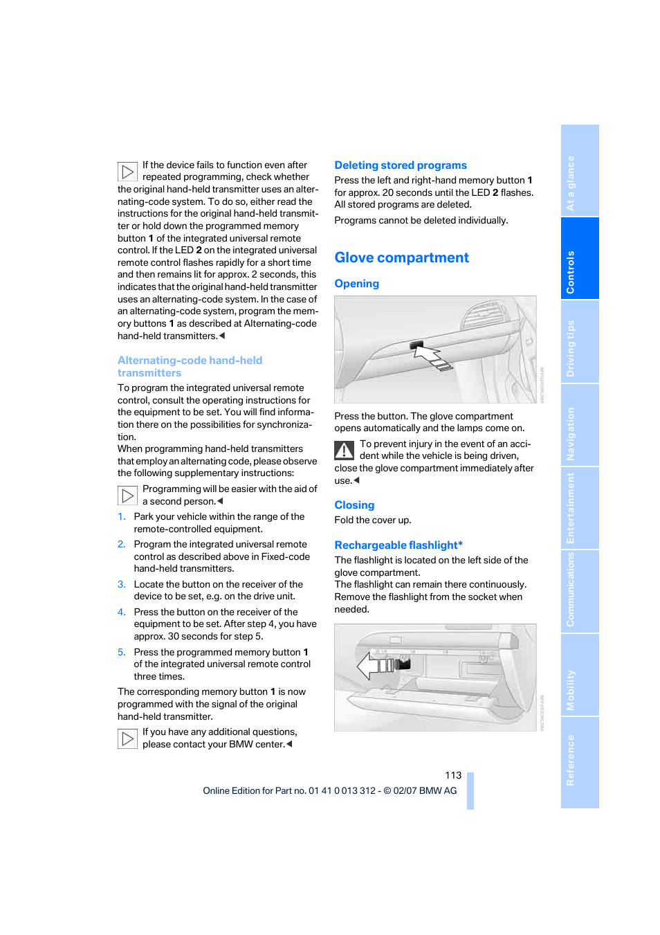 Glove compartment | BMW 650i Convertible 2007 User Manual | Page 115 / 254