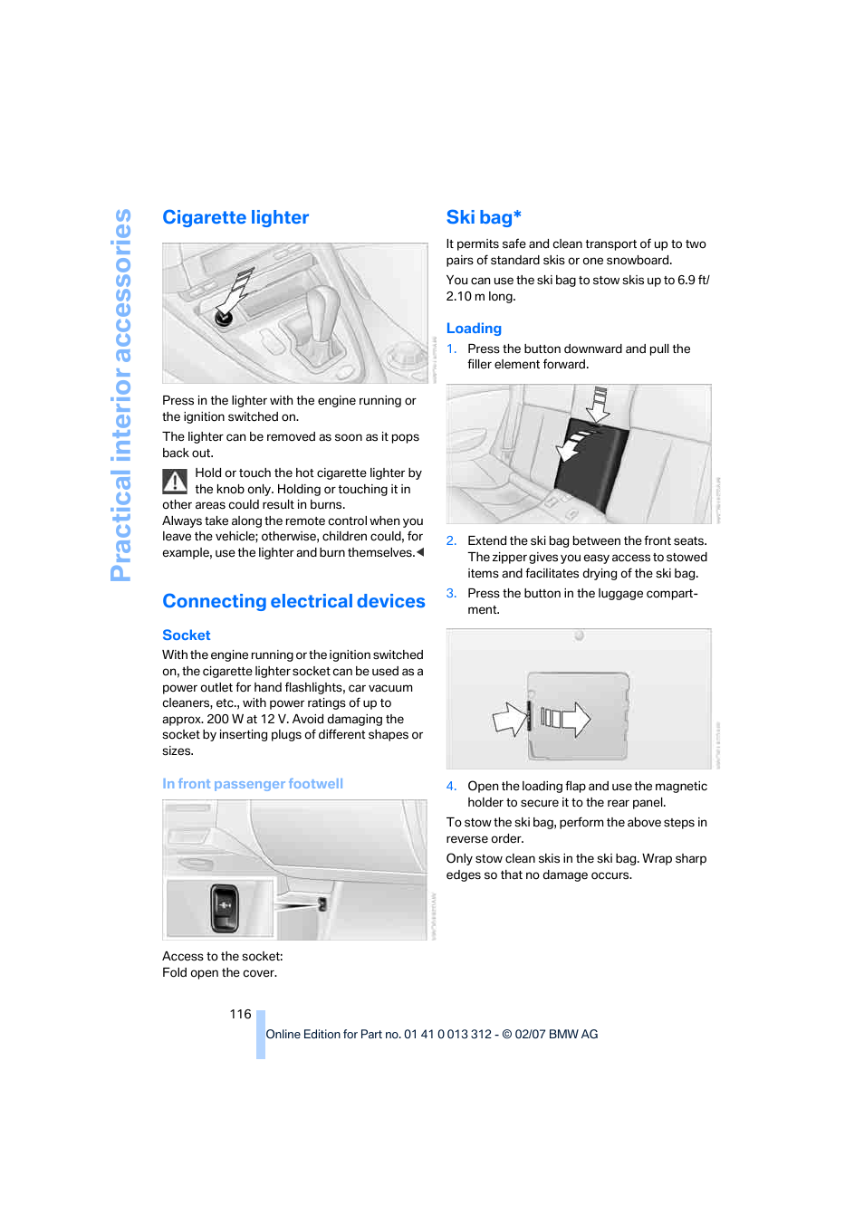 Cigarette lighter, Connecting electrical devices, Ski bag | Practical interi or acc ess orie s | BMW 650i Convertible 2007 User Manual | Page 118 / 254