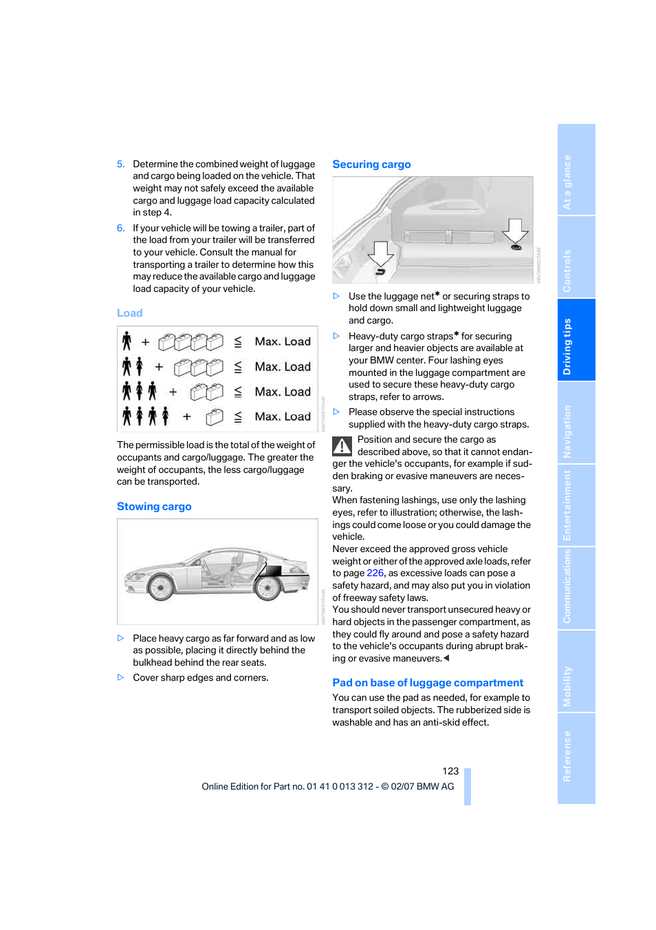 Securing cargo | BMW 650i Convertible 2007 User Manual | Page 125 / 254