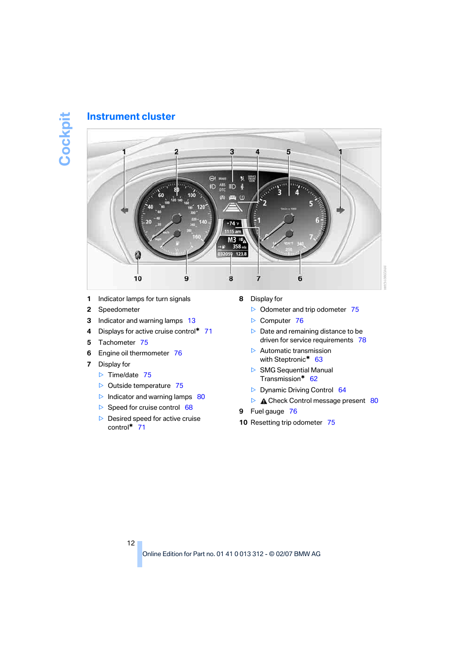 Instrument cluster, Cockpit | BMW 650i Convertible 2007 User Manual | Page 14 / 254