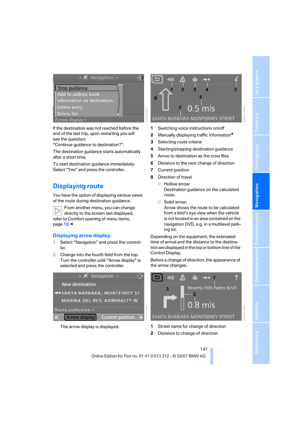 Displaying route | BMW 650i Convertible 2007 User Manual | Page 143 / 254