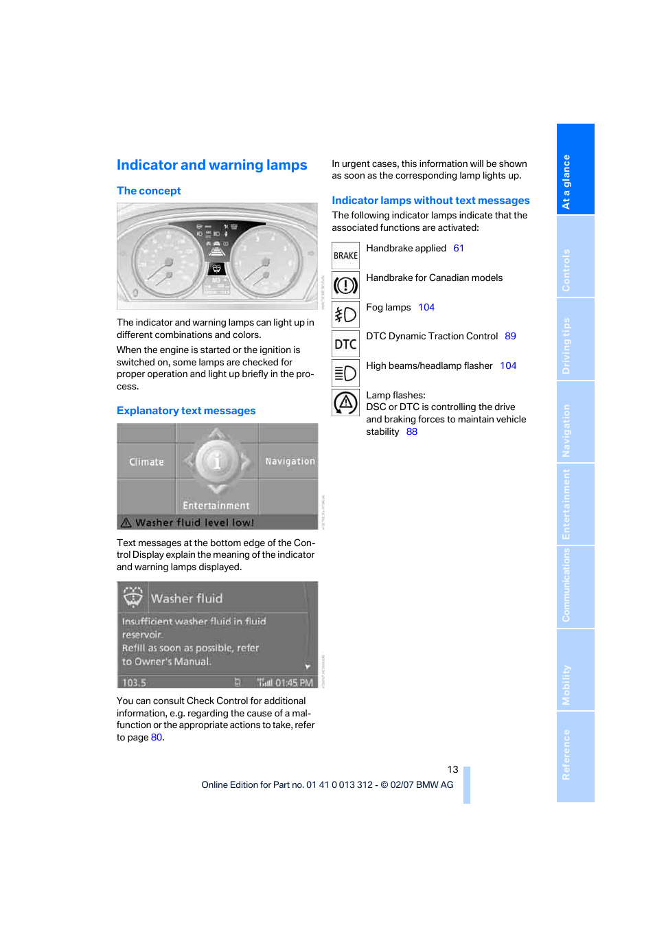 Indicator and warning lamps | BMW 650i Convertible 2007 User Manual | Page 15 / 254