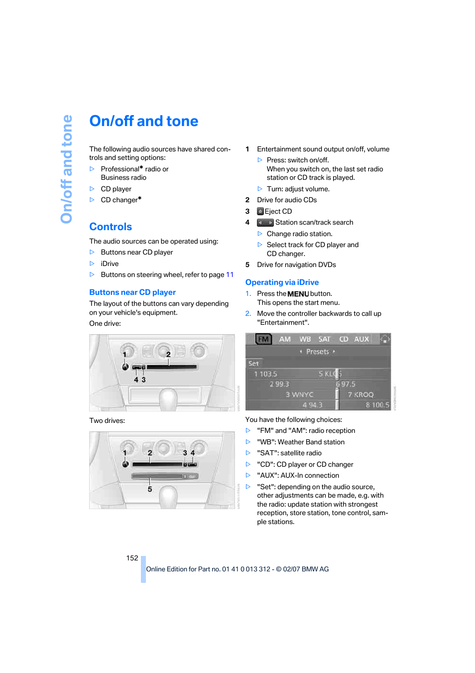 On/off and tone, Controls | BMW 650i Convertible 2007 User Manual | Page 154 / 254