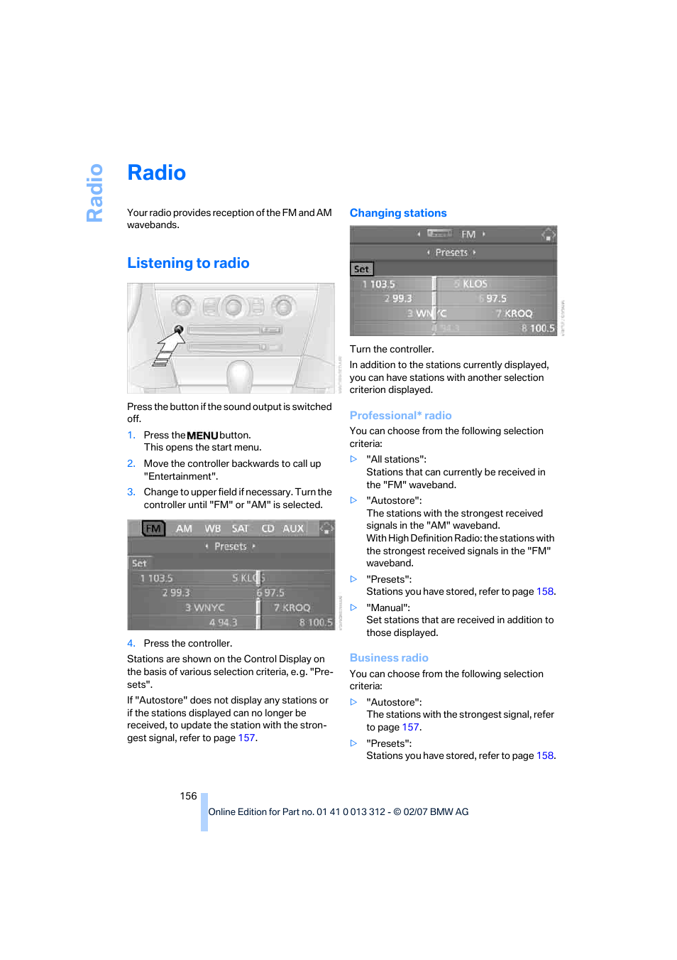 Radio, Listening to radio, Ra di o | BMW 650i Convertible 2007 User Manual | Page 158 / 254