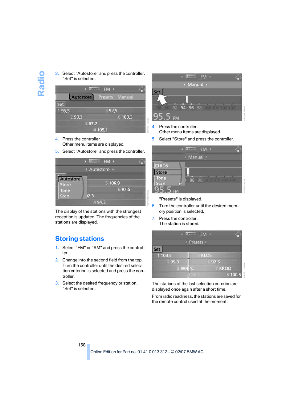 Storing stations, Ra di o | BMW 650i Convertible 2007 User Manual | Page 160 / 254