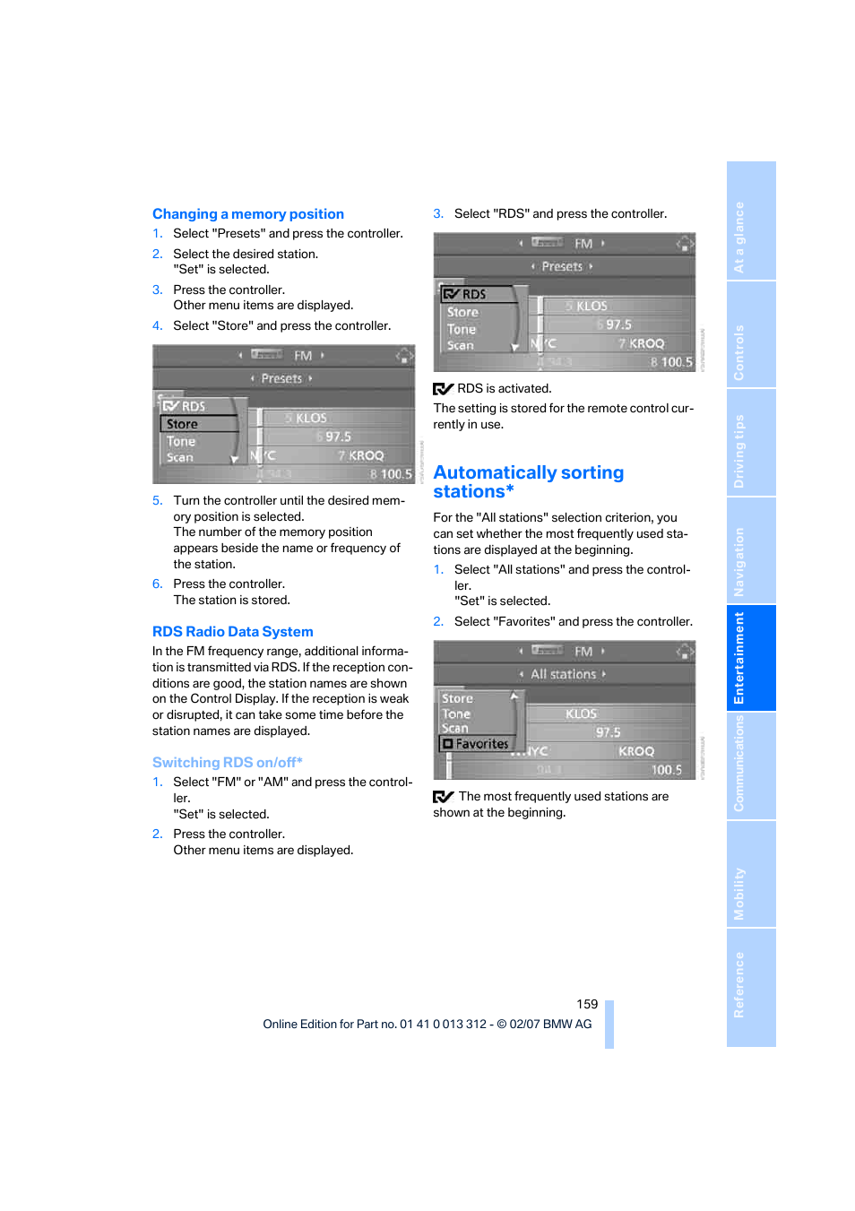 Automatically sorting stations | BMW 650i Convertible 2007 User Manual | Page 161 / 254