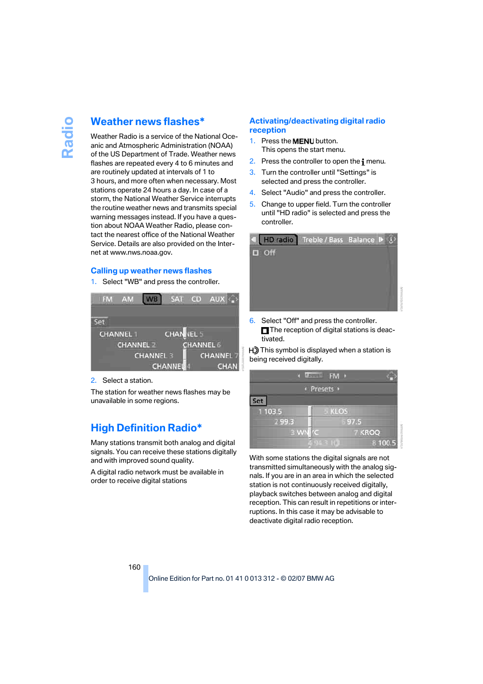 Weather news flashes, High definition radio, Ra di o | BMW 650i Convertible 2007 User Manual | Page 162 / 254