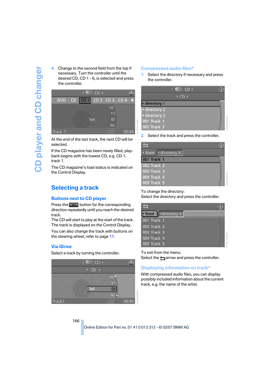 Selecting a track, Cd player and cd changer | BMW 650i Convertible 2007 User Manual | Page 168 / 254