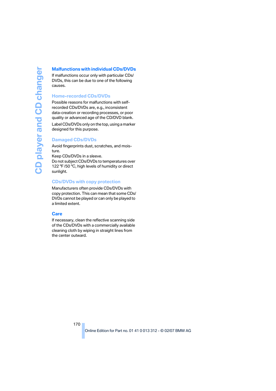 Cd player and cd changer | BMW 650i Convertible 2007 User Manual | Page 172 / 254