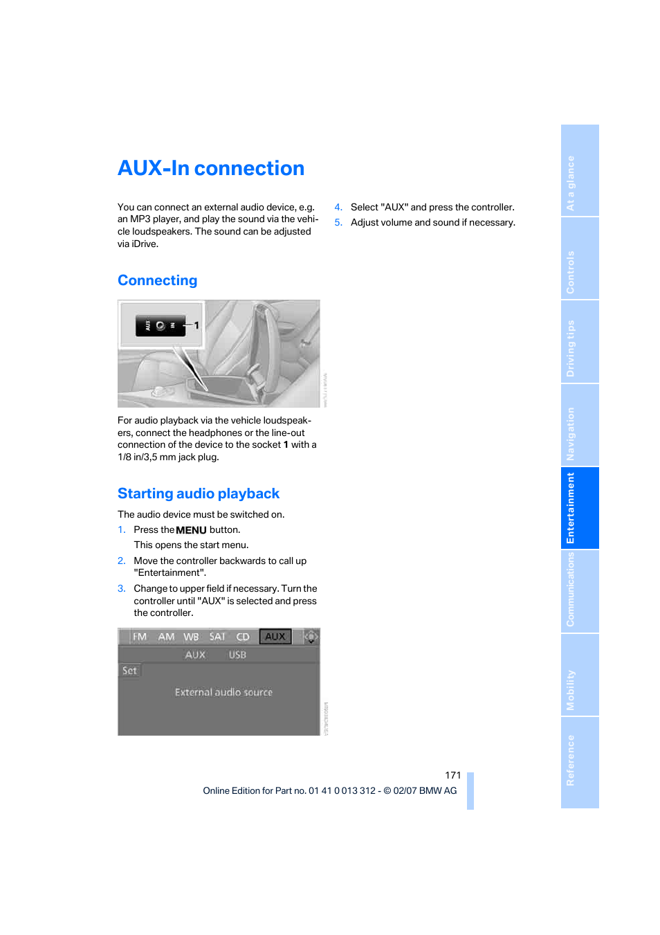 Aux-in connection, Connecting, Starting audio playback | BMW 650i Convertible 2007 User Manual | Page 173 / 254