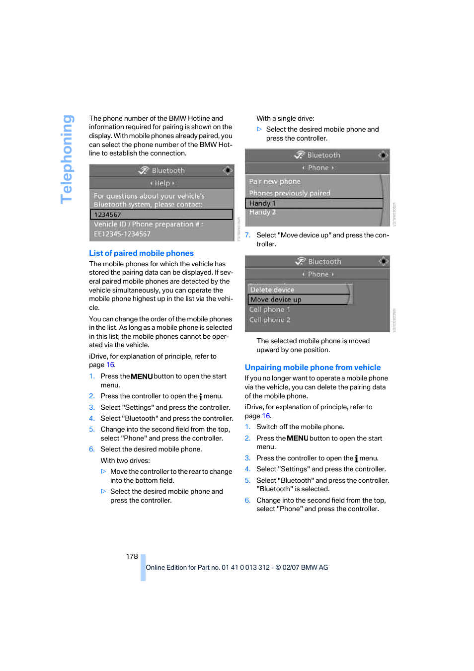 Telep h oning | BMW 650i Convertible 2007 User Manual | Page 180 / 254