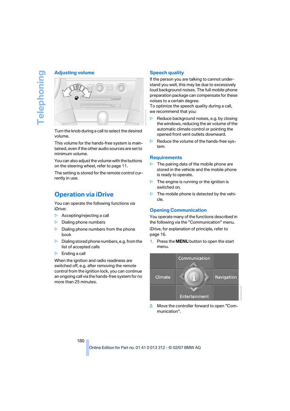 Operation via idrive, Telep h oning | BMW 650i Convertible 2007 User Manual | Page 182 / 254