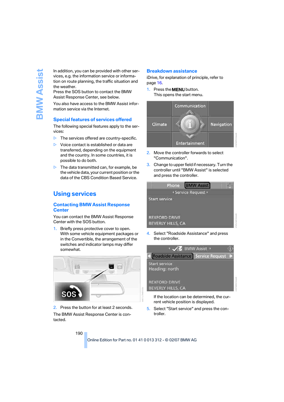 Using services, Bmw assis t | BMW 650i Convertible 2007 User Manual | Page 192 / 254