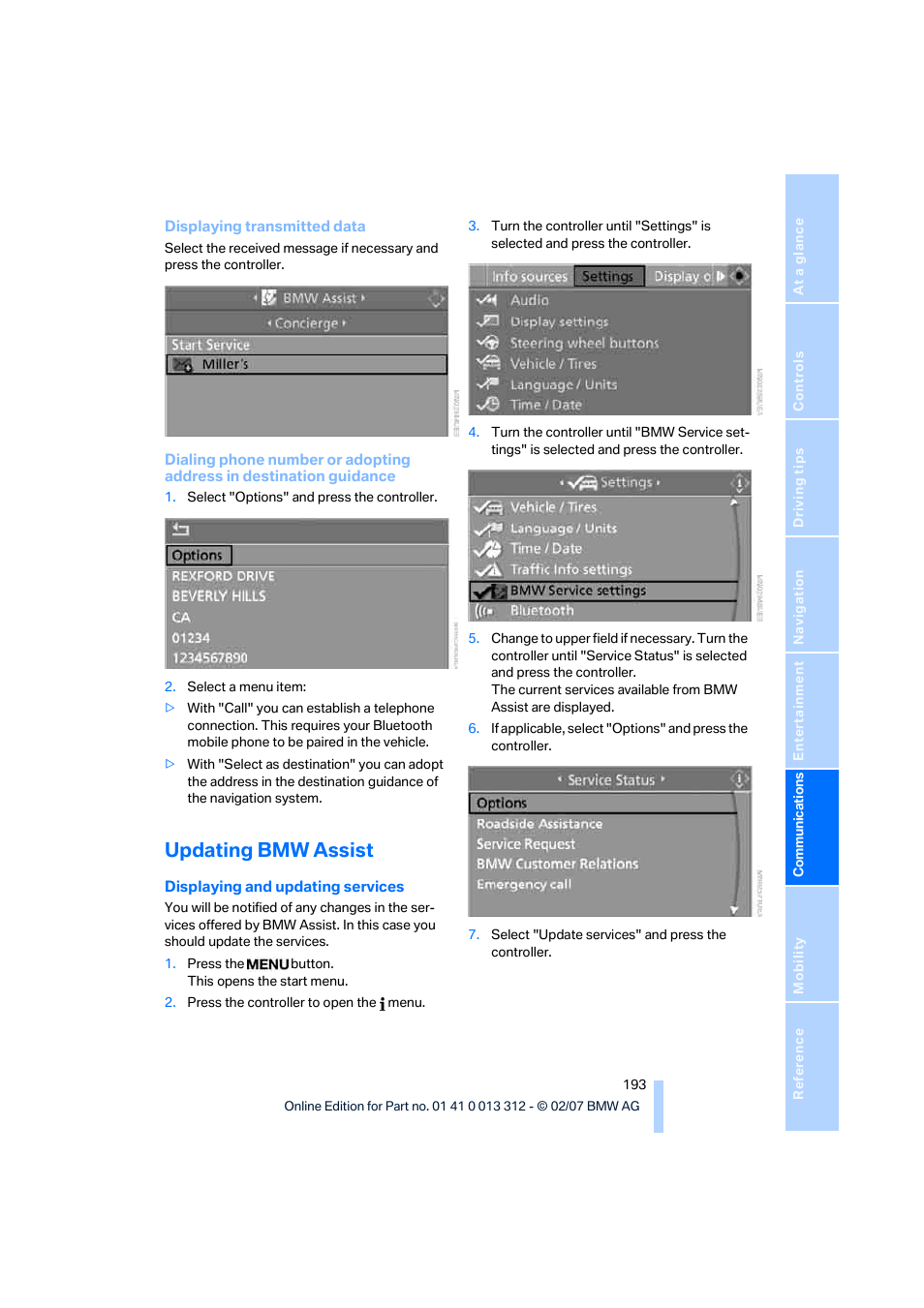 Updating bmw assist | BMW 650i Convertible 2007 User Manual | Page 195 / 254
