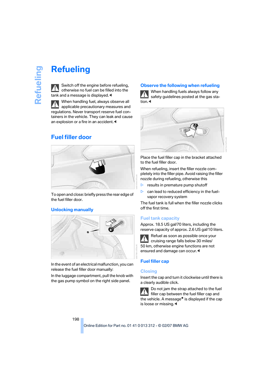 Refueling, Fuel filler door, Lity | Re fueling | BMW 650i Convertible 2007 User Manual | Page 200 / 254