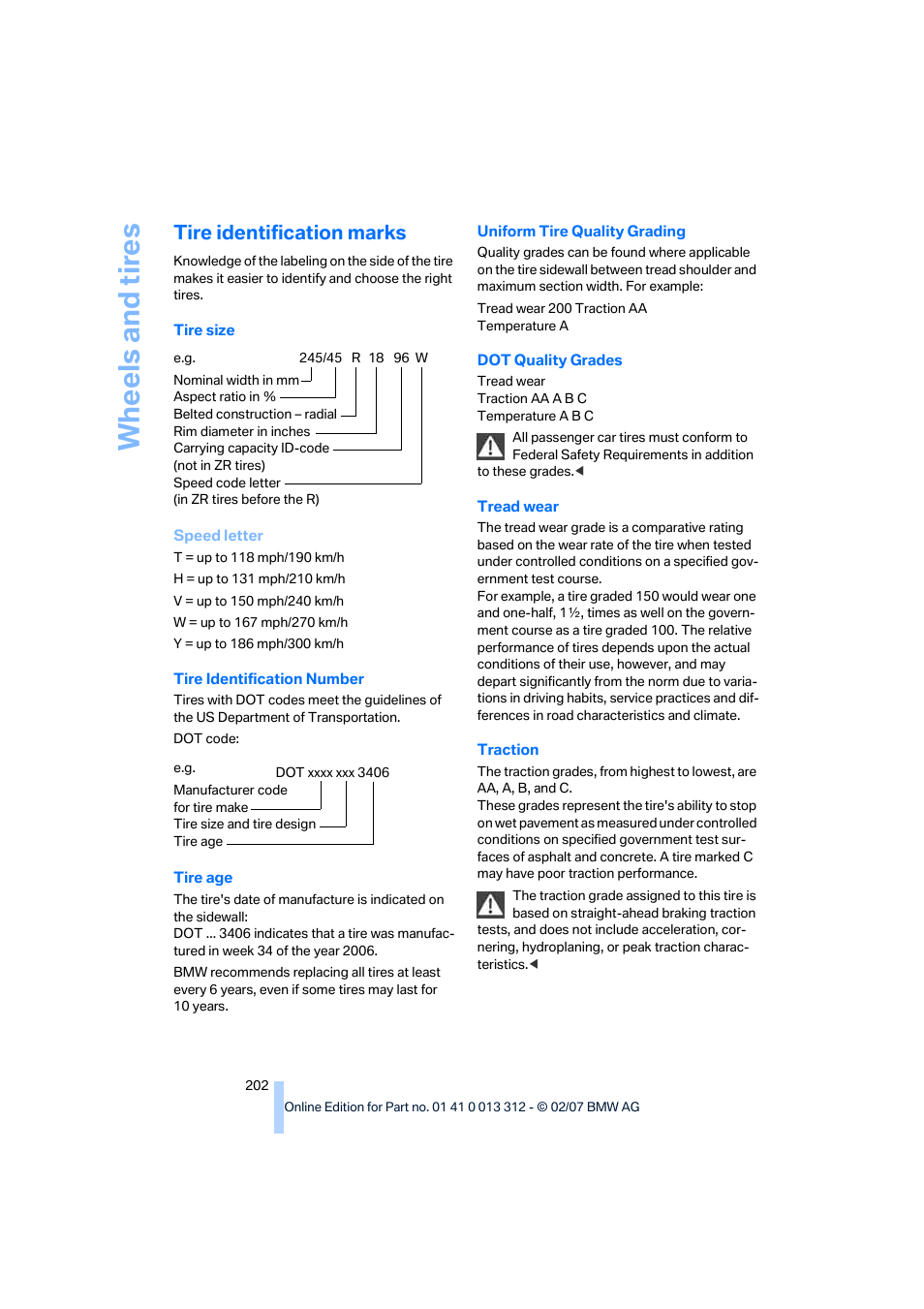 Tire identification marks, Wh eels and tire s | BMW 650i Convertible 2007 User Manual | Page 204 / 254