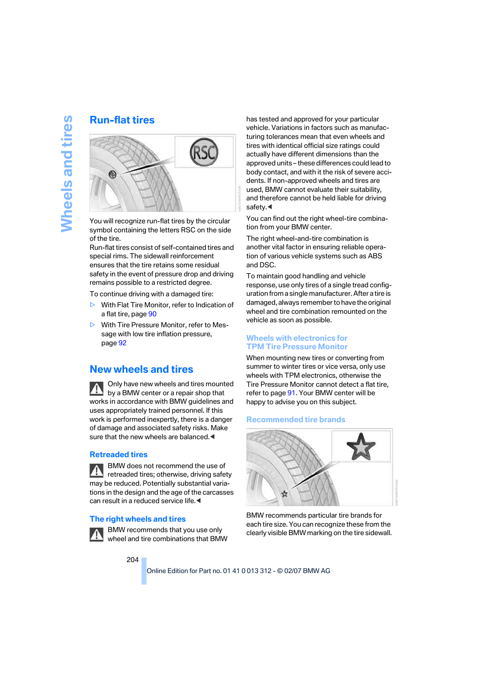 Run-flat tires, New wheels and tires, Wh eels and tire s | BMW 650i Convertible 2007 User Manual | Page 206 / 254