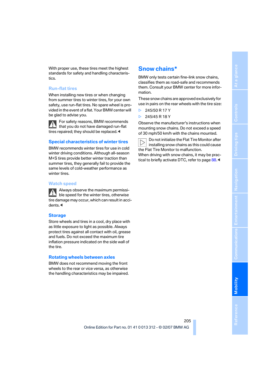 Snow chains | BMW 650i Convertible 2007 User Manual | Page 207 / 254