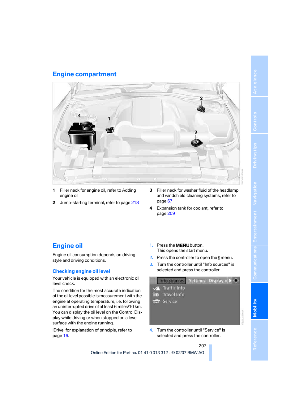 Engine compartment, Engine oil | BMW 650i Convertible 2007 User Manual | Page 209 / 254