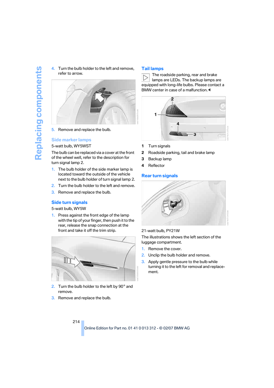 Replacing components | BMW 650i Convertible 2007 User Manual | Page 216 / 254