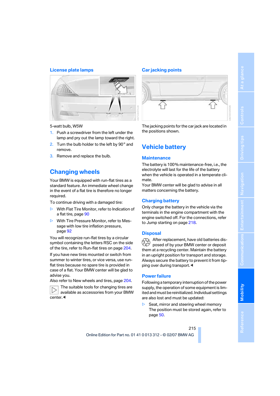 Changing wheels, Vehicle battery | BMW 650i Convertible 2007 User Manual | Page 217 / 254