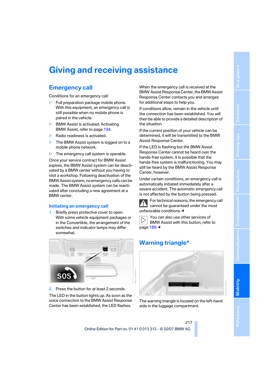 Giving and receiving assistance, Emergency call, Warning triangle | BMW 650i Convertible 2007 User Manual | Page 219 / 254