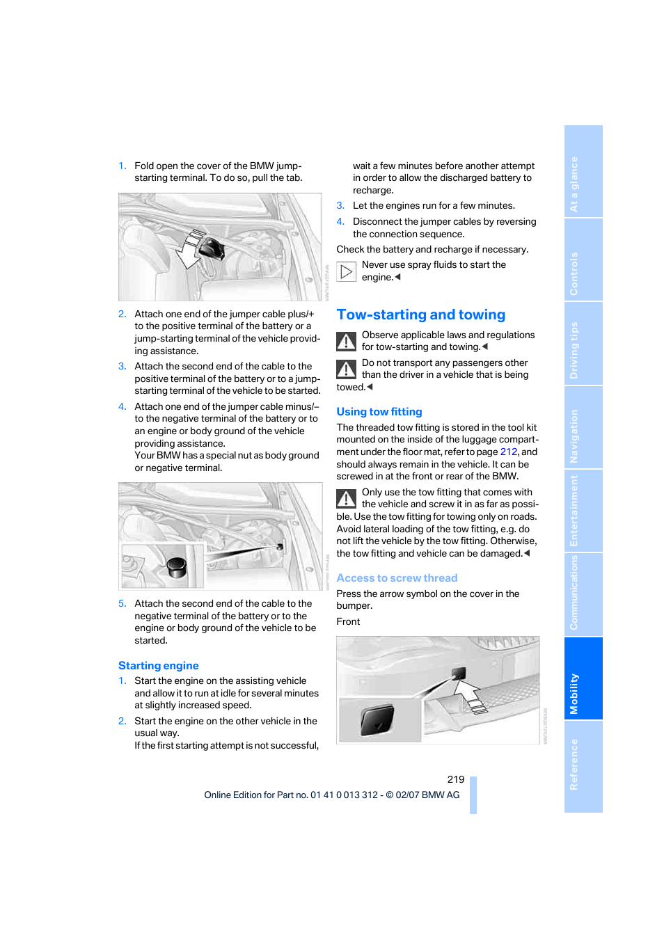 Tow-starting and towing | BMW 650i Convertible 2007 User Manual | Page 221 / 254