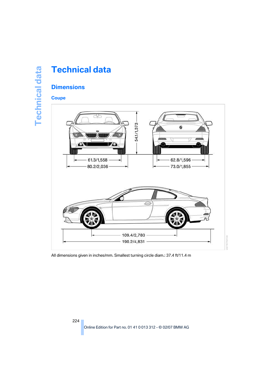 Technical data, Dimensions | BMW 650i Convertible 2007 User Manual | Page 226 / 254