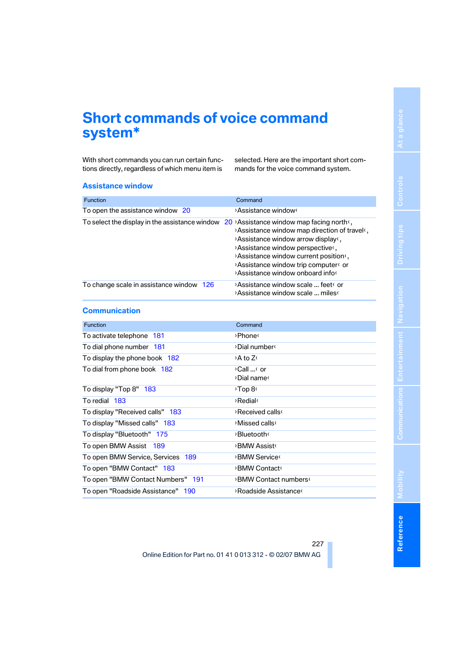 Short commands of voice command system | BMW 650i Convertible 2007 User Manual | Page 229 / 254