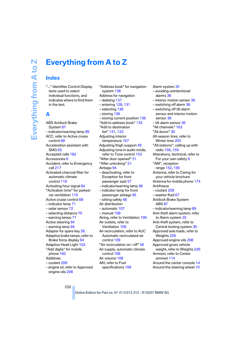 Everything from a to z, Index | BMW 650i Convertible 2007 User Manual | Page 234 / 254