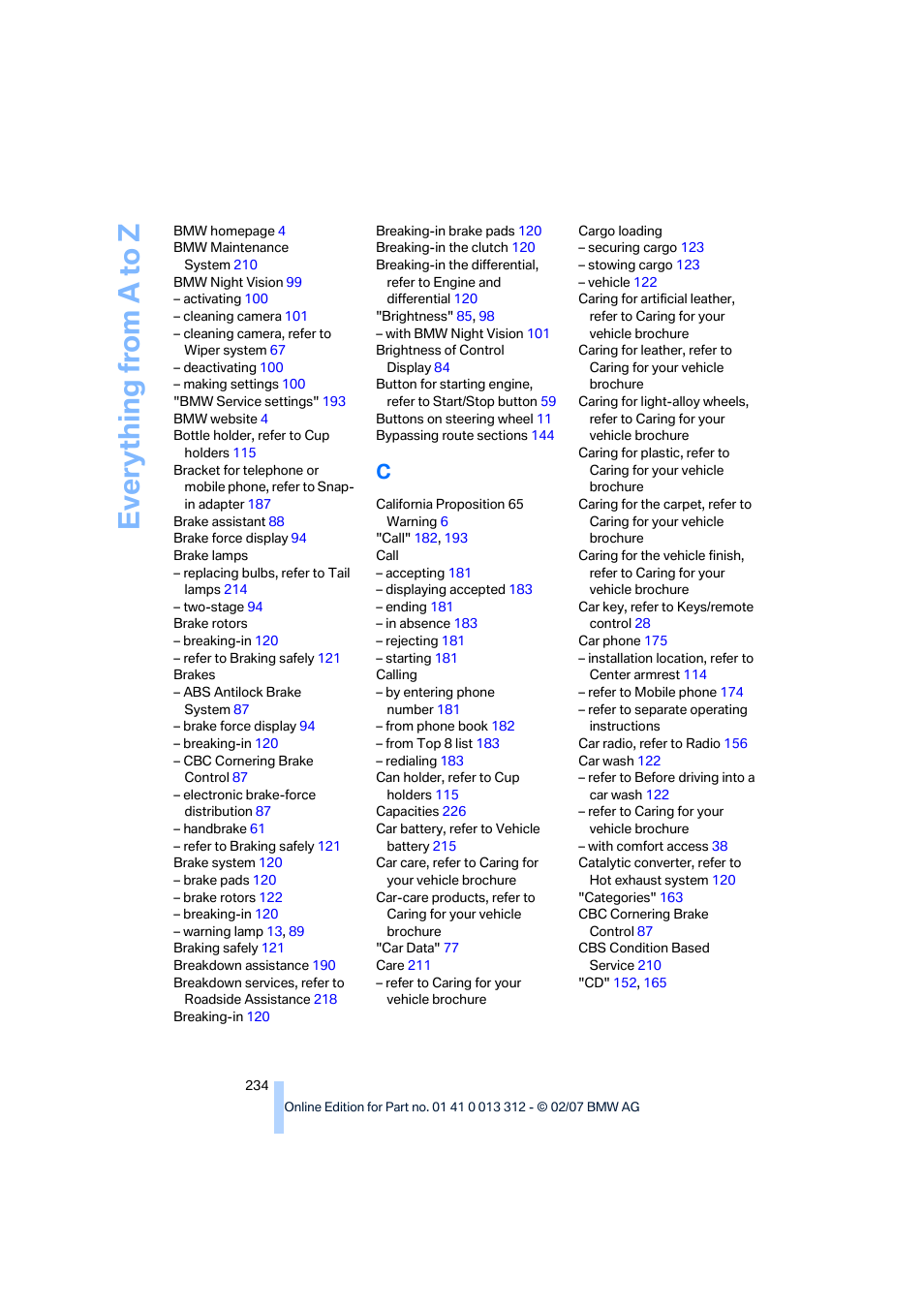 Everything from a to z | BMW 650i Convertible 2007 User Manual | Page 236 / 254