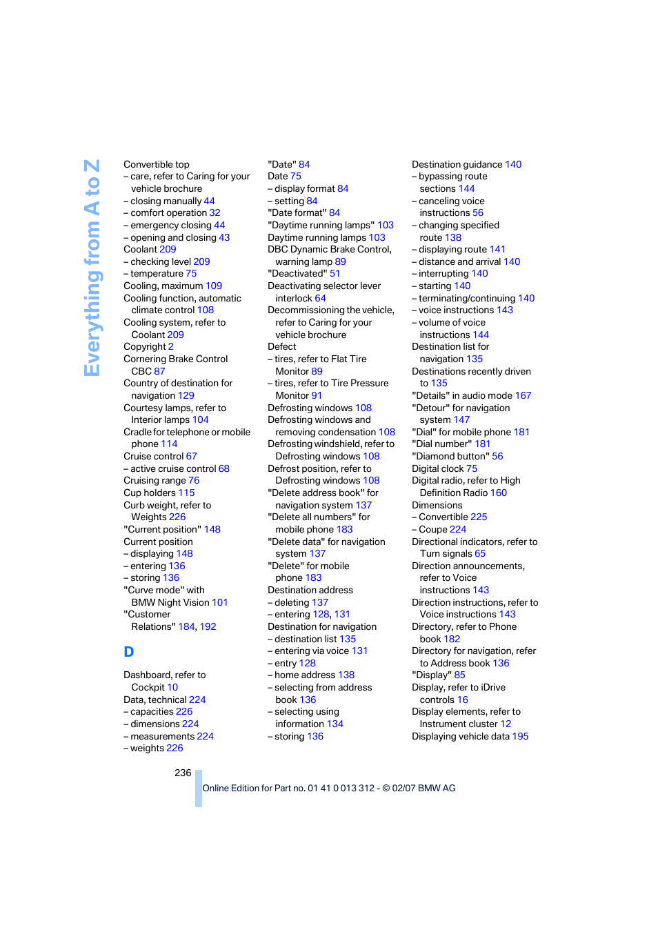 Everything from a to z | BMW 650i Convertible 2007 User Manual | Page 238 / 254