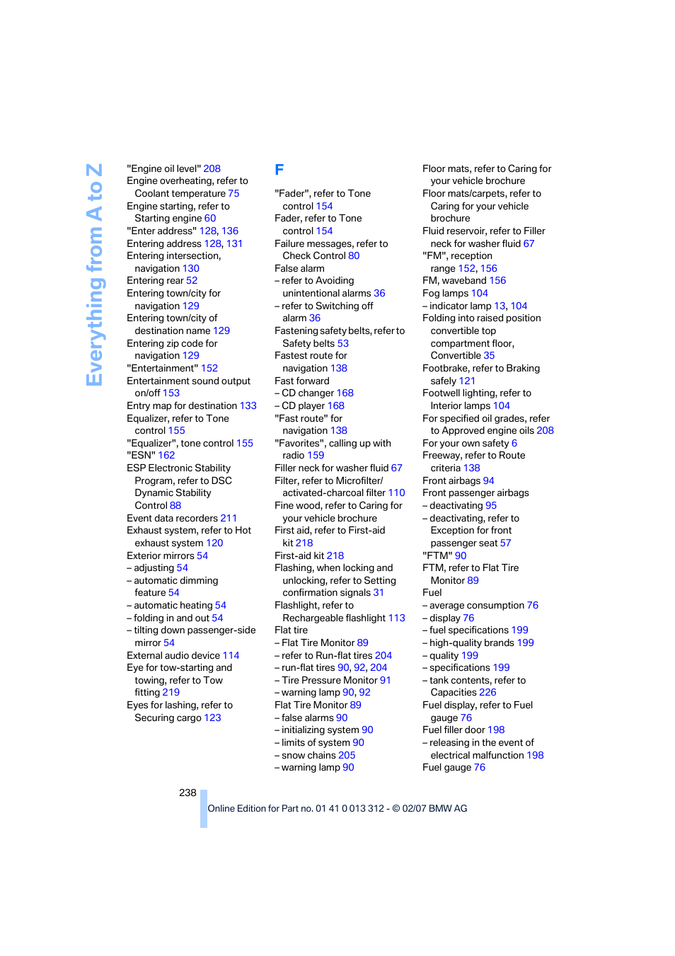 Everything from a to z | BMW 650i Convertible 2007 User Manual | Page 240 / 254