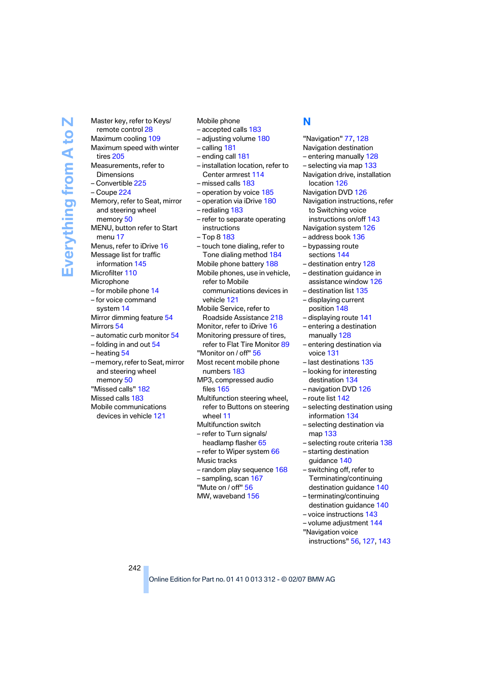 Everything from a to z | BMW 650i Convertible 2007 User Manual | Page 244 / 254