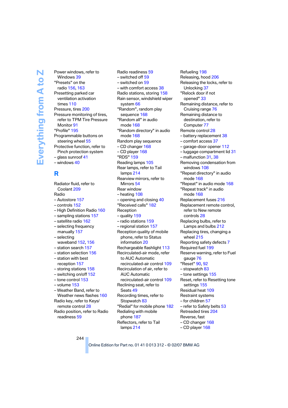 Everything from a to z | BMW 650i Convertible 2007 User Manual | Page 246 / 254