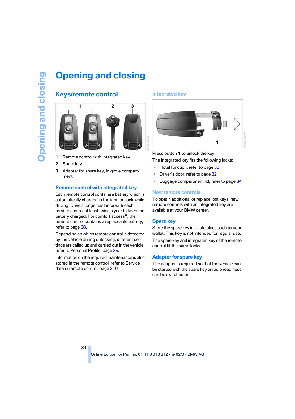 Opening and closing, Keys/remote control | BMW 650i Convertible 2007 User Manual | Page 30 / 254