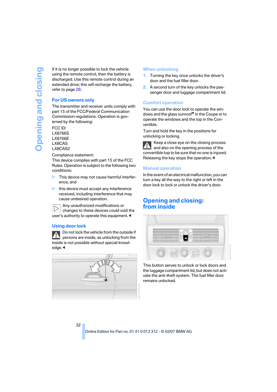 Opening and closing: from inside, Opening and closing | BMW 650i Convertible 2007 User Manual | Page 34 / 254