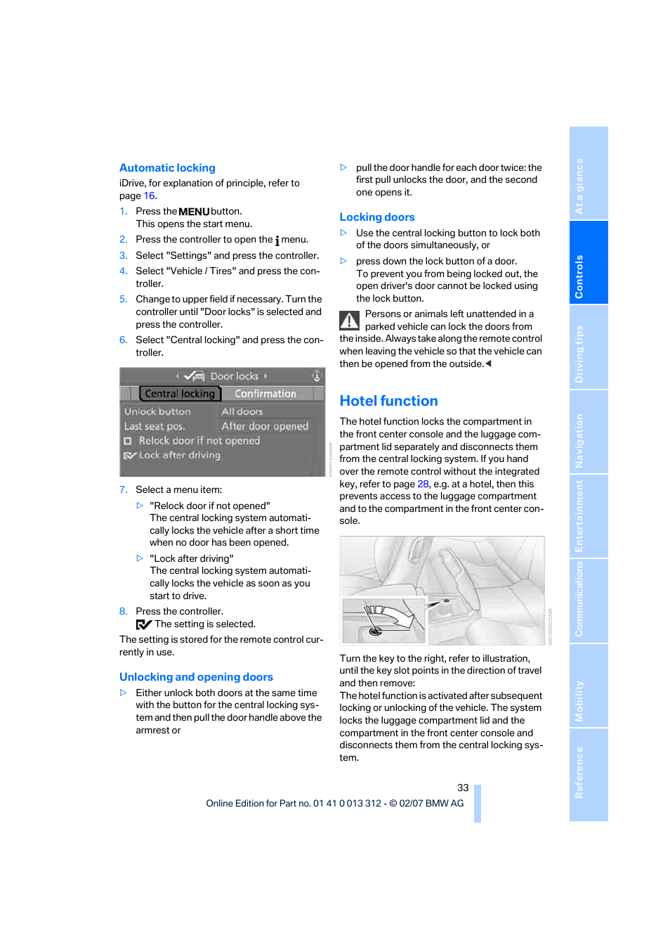 Hotel function | BMW 650i Convertible 2007 User Manual | Page 35 / 254