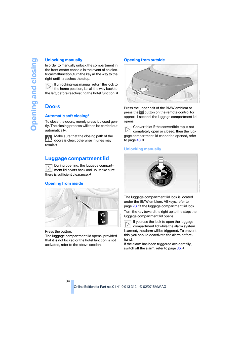 Doors, Luggage compartment lid, Opening and closing | BMW 650i Convertible 2007 User Manual | Page 36 / 254