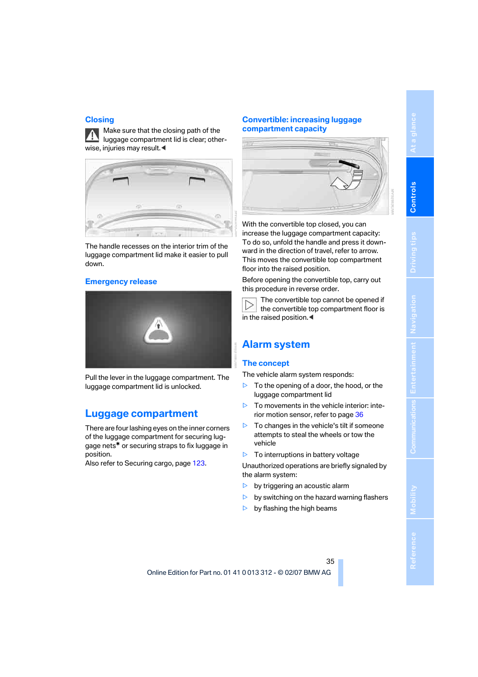 Luggage compartment, Alarm system | BMW 650i Convertible 2007 User Manual | Page 37 / 254