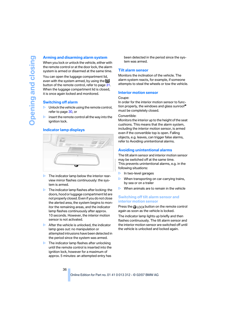 Opening and closing | BMW 650i Convertible 2007 User Manual | Page 38 / 254