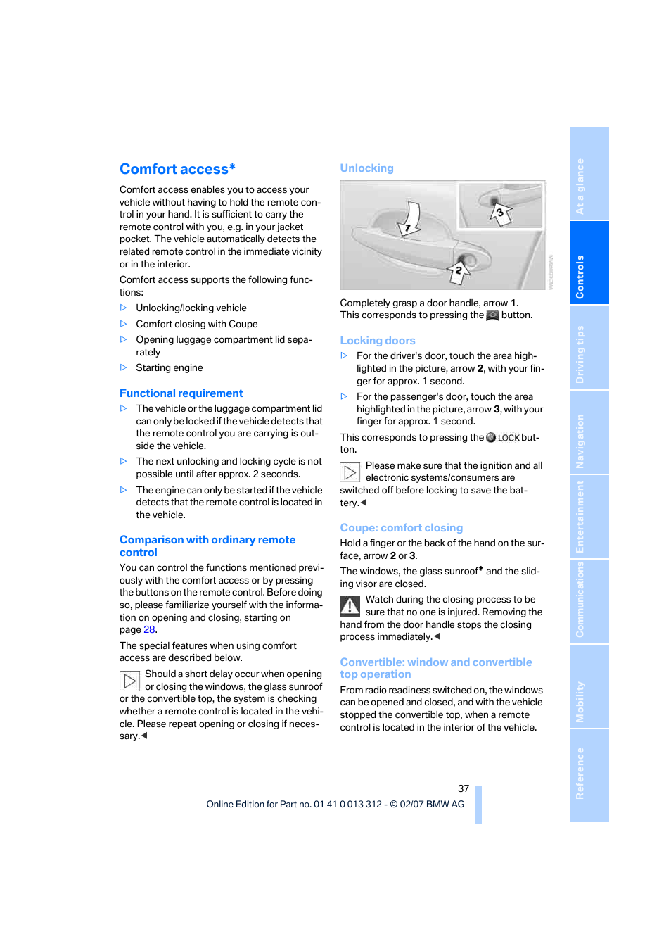 Comfort access | BMW 650i Convertible 2007 User Manual | Page 39 / 254