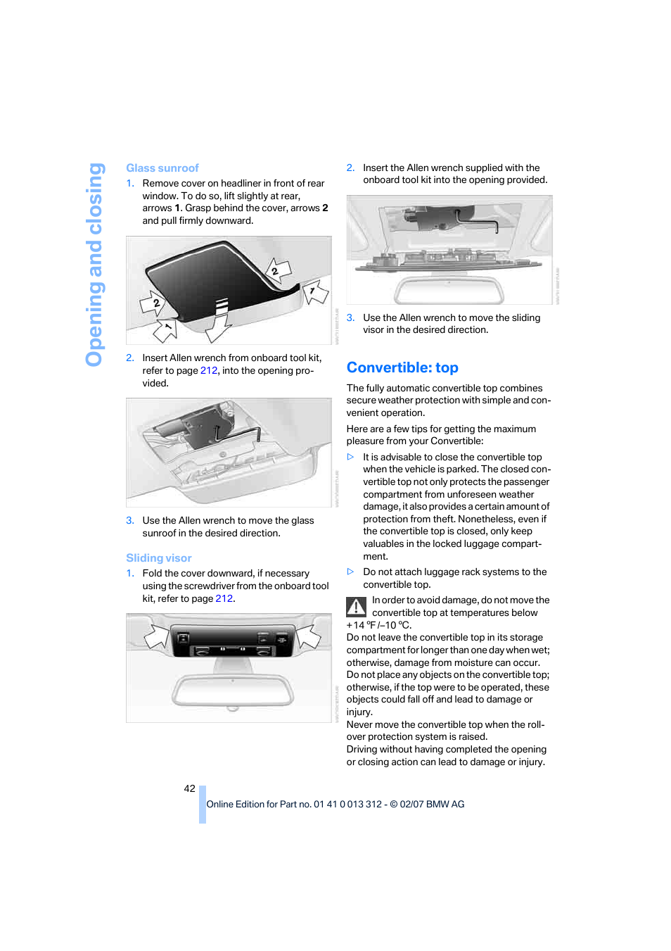 Convertible: top, Opening and closing | BMW 650i Convertible 2007 User Manual | Page 44 / 254