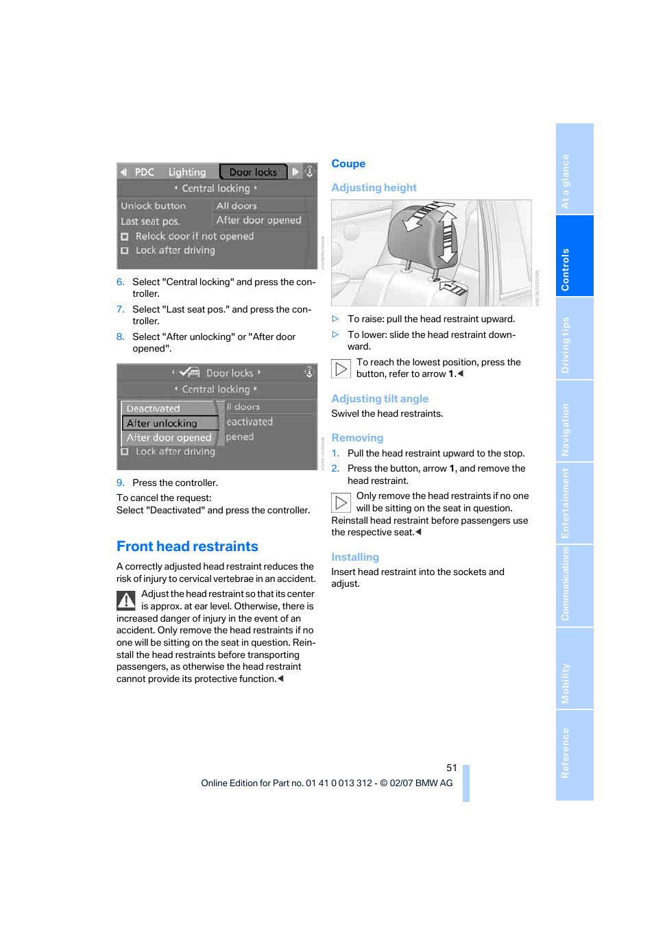 Front head restraints | BMW 650i Convertible 2007 User Manual | Page 53 / 254