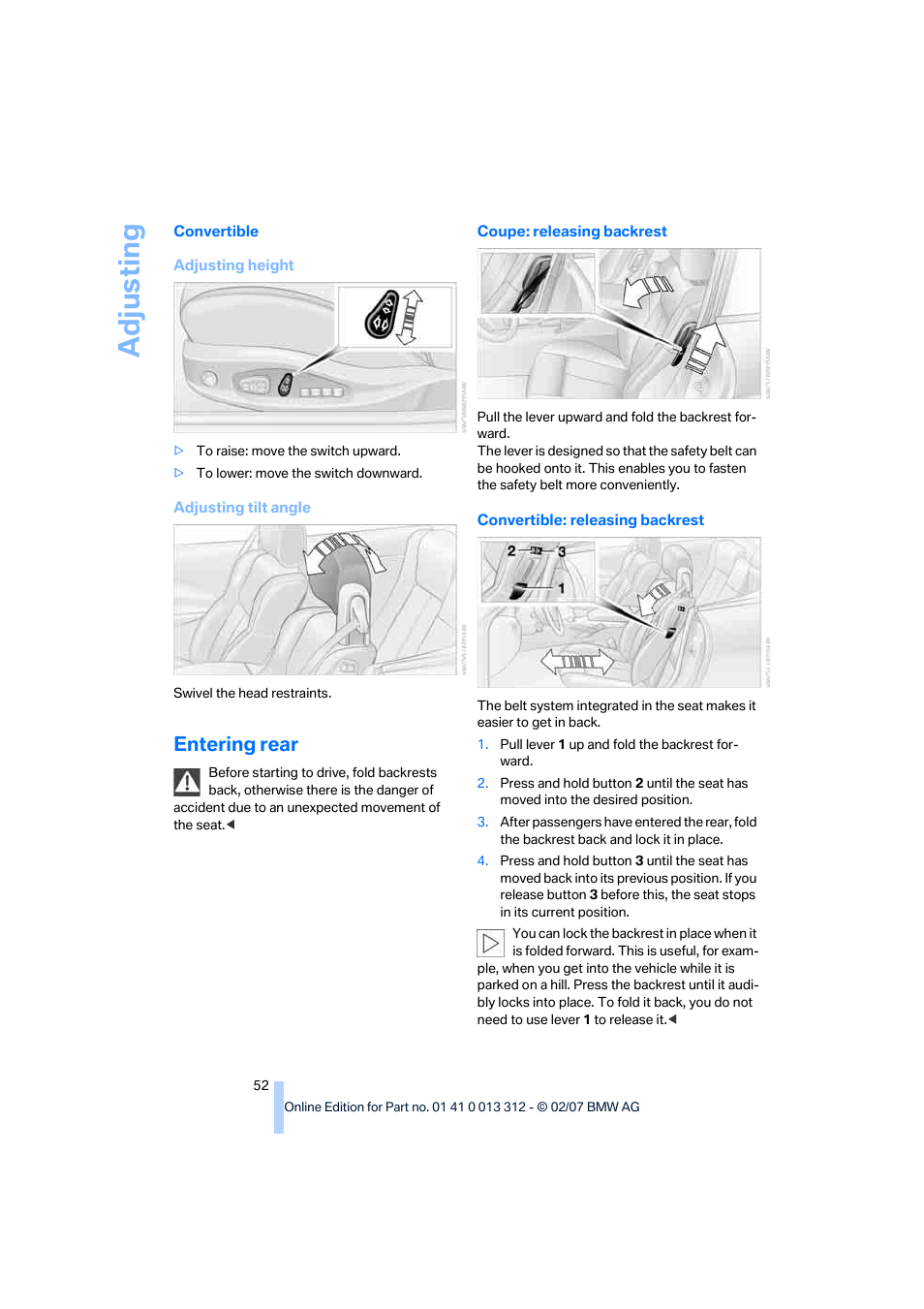 Entering rear, Adju sting | BMW 650i Convertible 2007 User Manual | Page 54 / 254