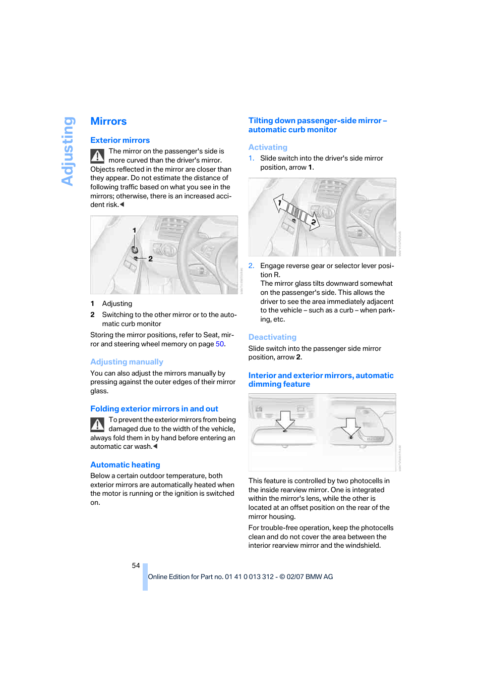 Mirrors, Adju sting | BMW 650i Convertible 2007 User Manual | Page 56 / 254