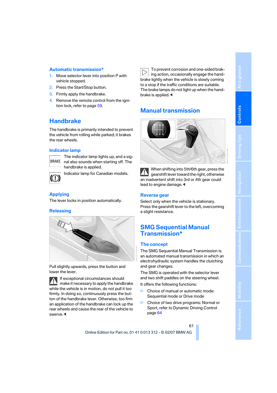 Handbrake, Manual transmission, Smg sequential manual transmission | BMW 650i Convertible 2007 User Manual | Page 63 / 254