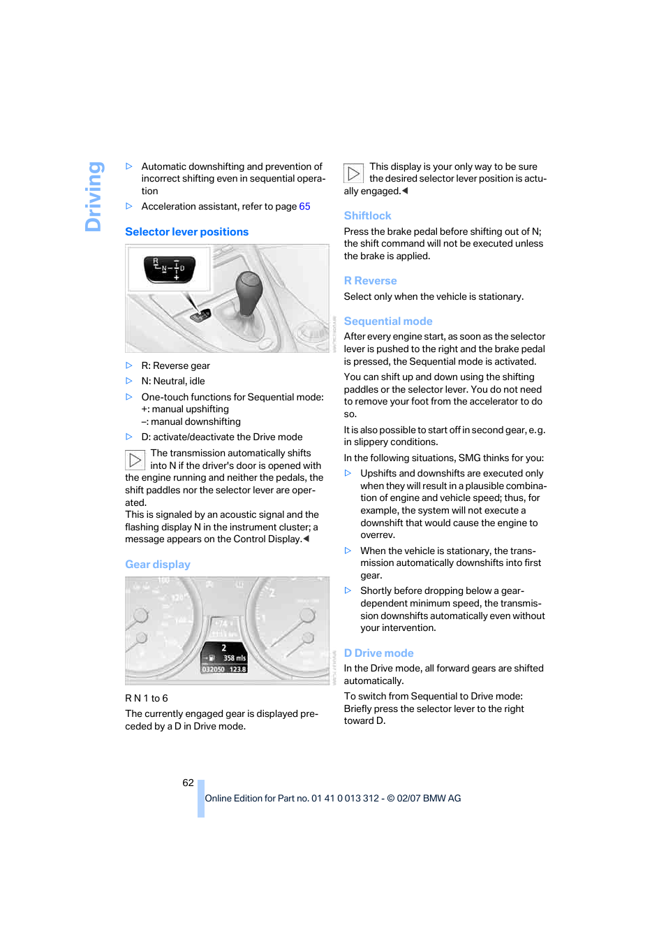 Driving | BMW 650i Convertible 2007 User Manual | Page 64 / 254